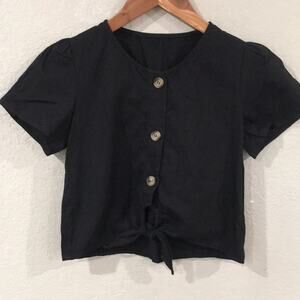 Girls Sz 8/130 Black Button Front Tie Blouse 100% Cotton Preppy‎
